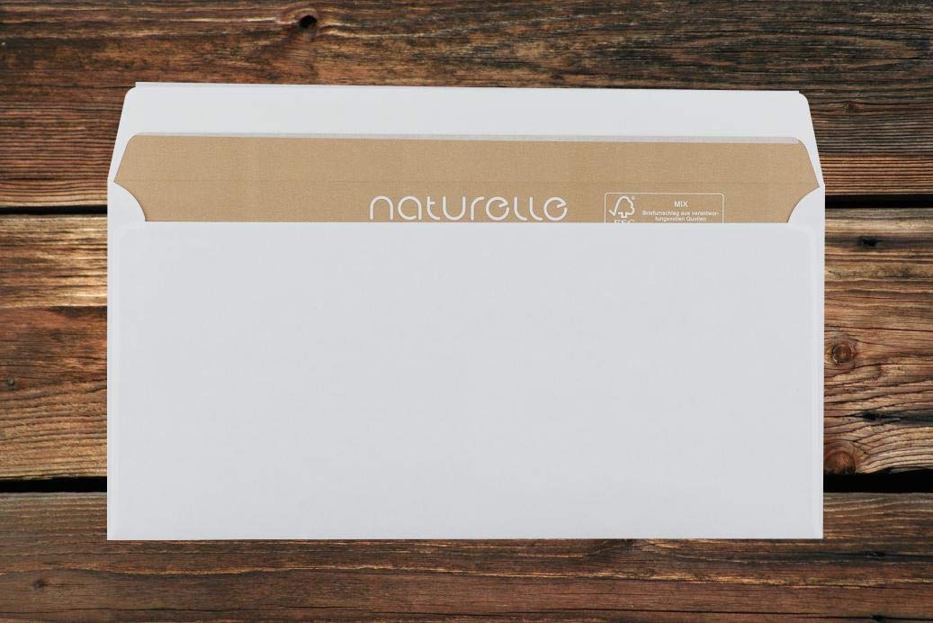 Naturelle Briefumschläge mit Fenster/hellchamois-creme / 110x220 mm (DL) / brauner Innendruck/mit Abziehstreifen/haftklebend / 500 Stück