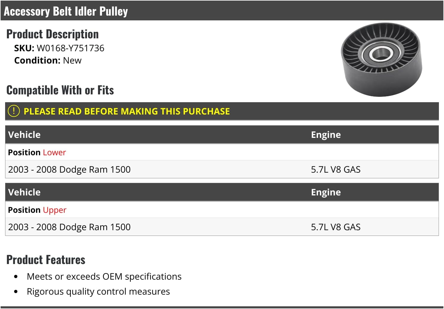 Marketplace Auto Parts Accessory Belt Idler Pulley - Compatible with 2003-2008 Dodge Ram 1500 5.7L V8 Gas