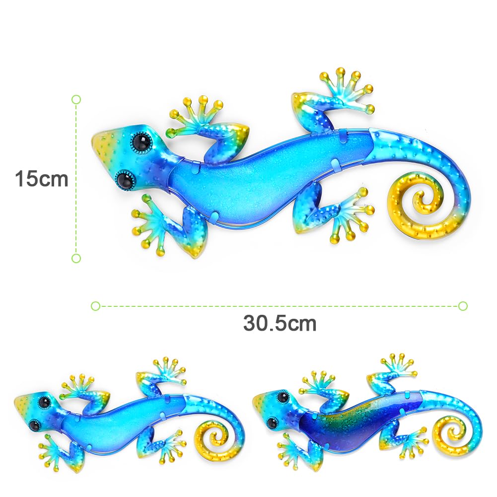 AOOSU Metal Decor Gecko Art Decor, Wrought Iron Colorful Gecko Wall Sculptures, Outdoor Garden Fence Ornaments Hanging for Backyard Porch Patio（30.5 * 18cm 2pcs） — view 2