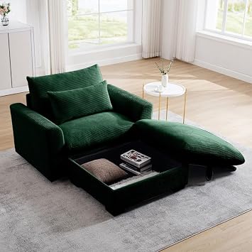 51" Oversized Corduroy Single Sofa with Storage Ottoman, Overstuffed Chaise Lounge Chair Indoor, Modern Deep Seat Cloud Sofa, Leisure Armchair for Living Room, Office, Apartment, Green