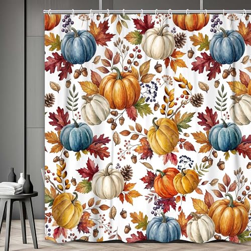 JAWO Fall Pumpkin Shower Curtain, Thanksgiving Harvest Autumn Bathtub Curtain with Maple Leaves Acorns Pinecones Bathroom Decor,12pcs Hooks,69X70 in