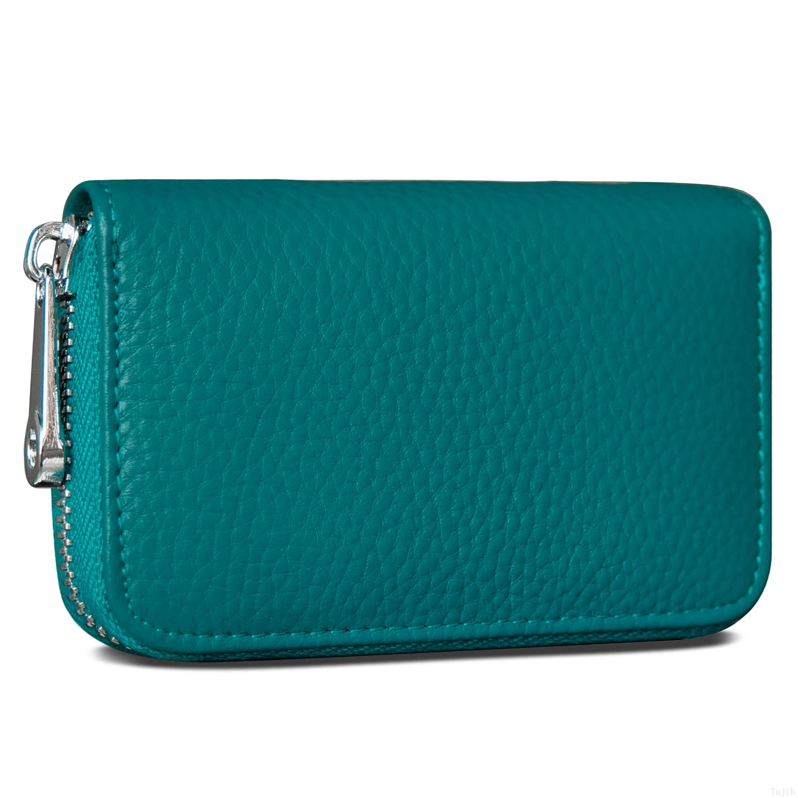 Credit Card Holder RFID Blocking Genuine Leather Mini Credit Card Wallet Purse with Zipper Womens Small id Compact Slim Blocked Zip Accordion Wallets Case for Women Men (Sea Blue)