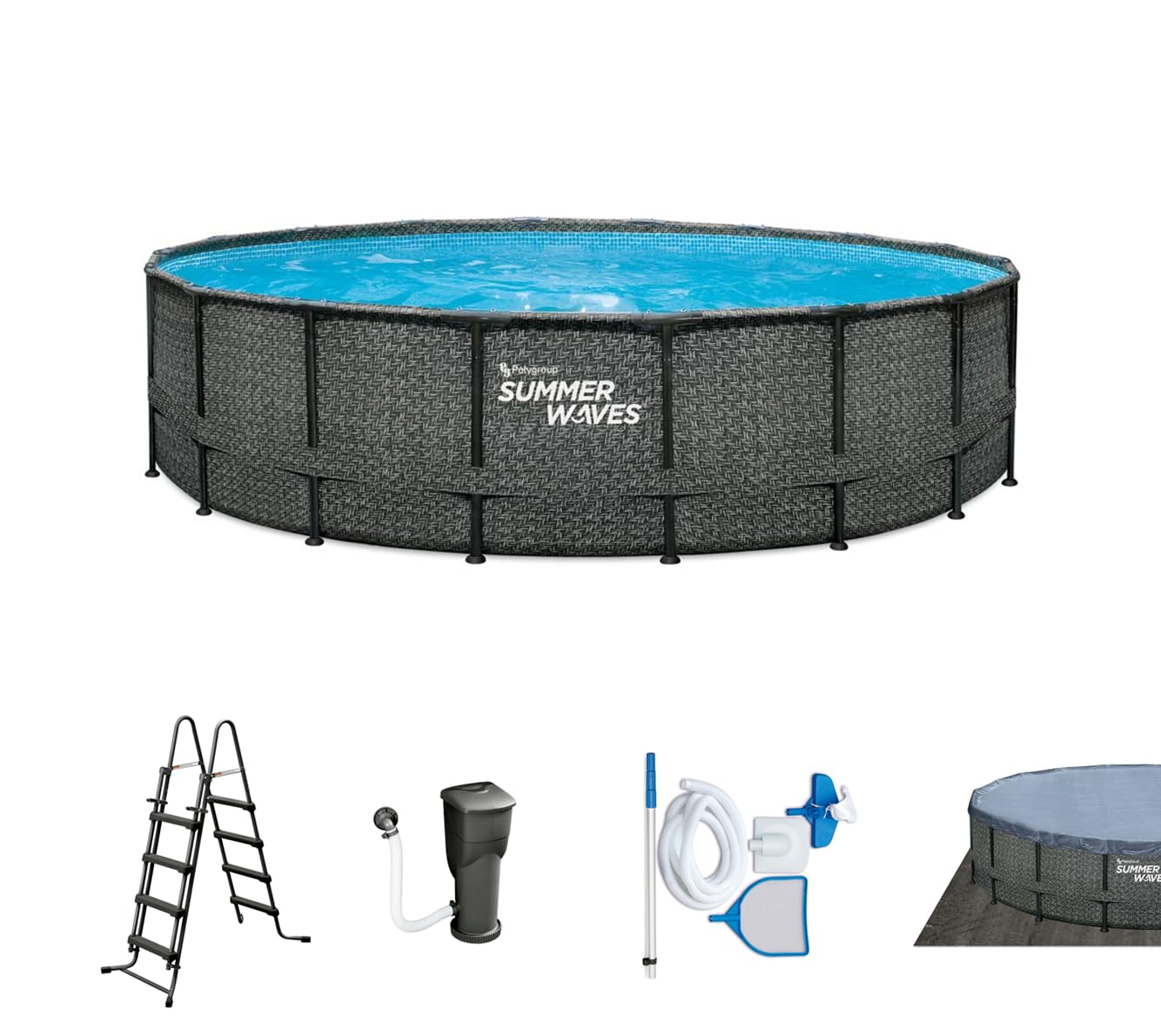 Summer Waves Frame Pool Komplettset | Rund 488x122 cm, Rattanoptik Grau