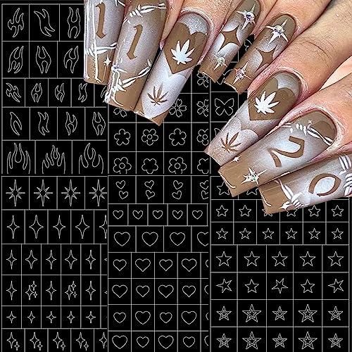 6 Sheets Heart Star Flowers Butterfly Flame Nail Art Stickers, Airbrush Nail Stencils Stickers for...