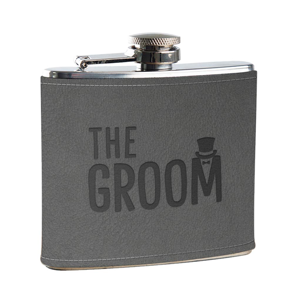 Wedding Day Gifts for Groom, The Groom Engraved Grey Leather Hip Flask Gift, Groom Wedding Day Gift from Bride
