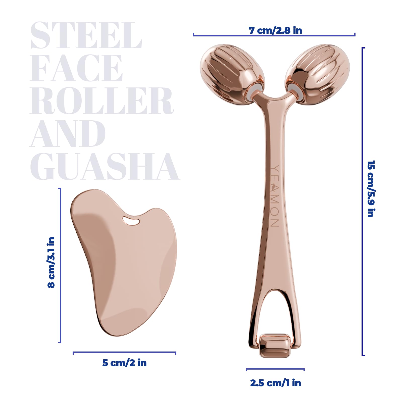 Yeamon Gua Sha - Juego de herramientas faciales y rodillo facial, herramienta de masaje facial para rutina de cuidado de la piel de las mujeres, rodillo de acero inoxidable refrescante para esculpir
