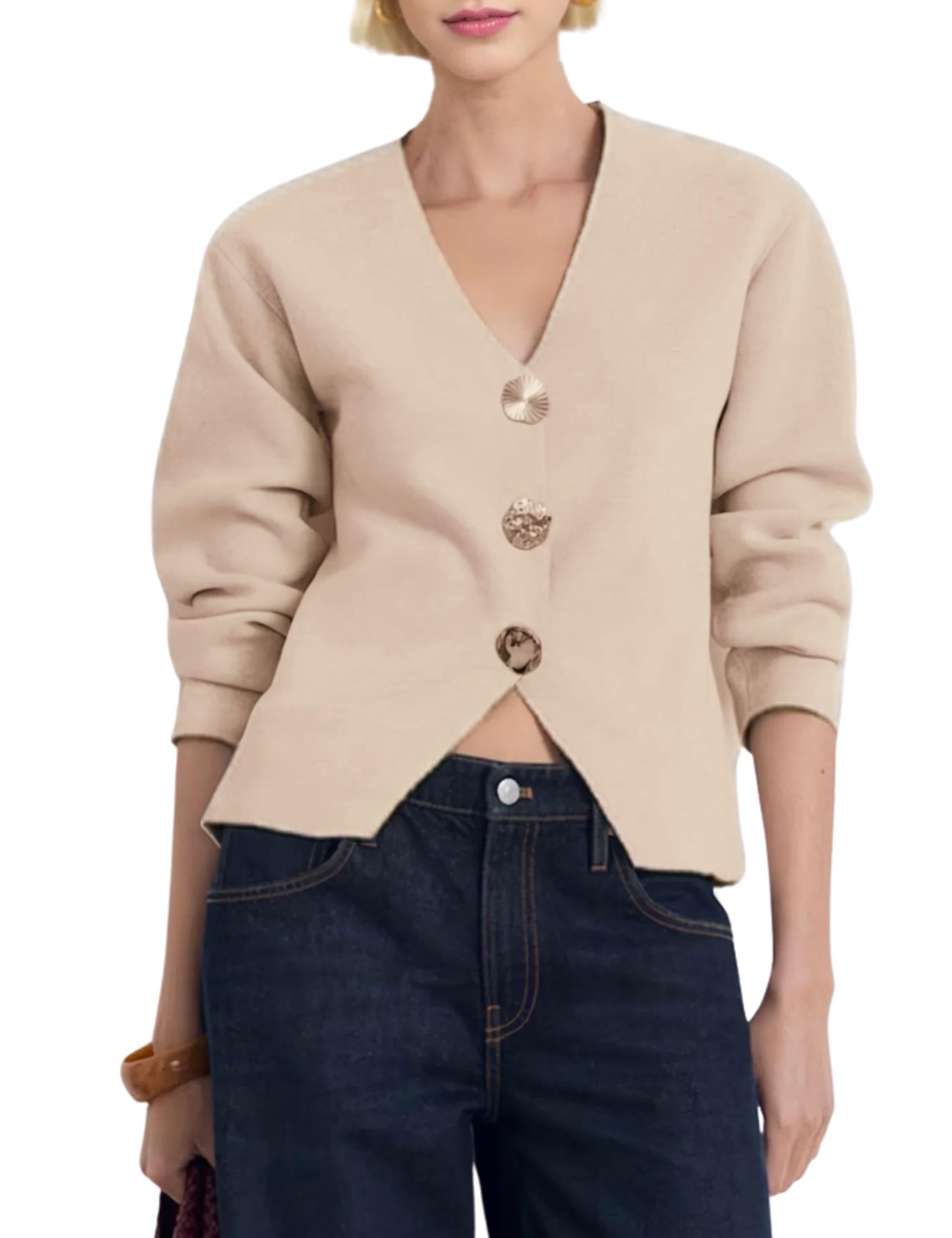 Cropped Cardigan Sweaters for Women V Neck Long Sleeve Gold Button Down Knit Cardigans Tops Outwear-image-16