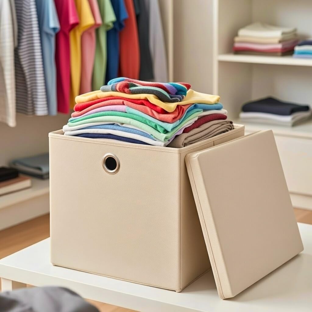 Stick&Shine 4x Aufbewahrungs Korb Creme Faltbox 32 x 32 x 32 cm Regalkorb faltbar mit Deckel