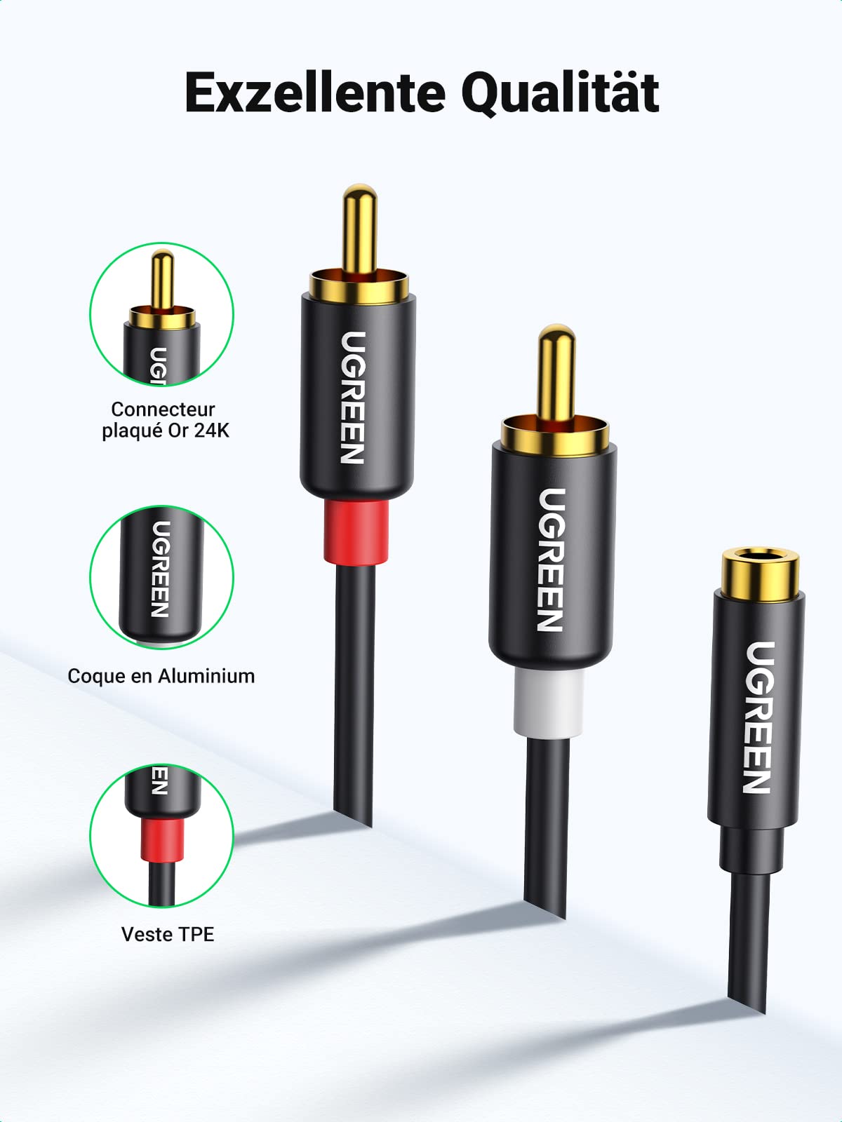 UGREEN Câble RCA Jack 3.5mm Femelle vers 2 RCA Mâle Adaptateur Stéréo Compatible avec Téléphone TV PC Tablette Ampli Chaîne HiFi Barre de Son Home Cinéma Enceinte 25CM