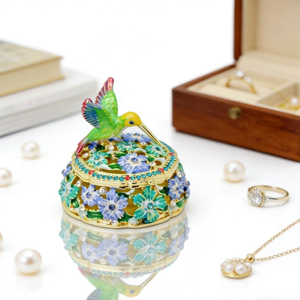 Hand Painted Enamel Hummingbird Flower Trinket Box Hinged Jewelry Organizer Ring Earrings Storage Collectible Bird Trinket Box for Home Decor - Image 3