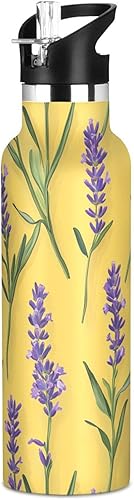 Miniatura 8 de Botella de agua aislada con pajilla, doble pared aislada al vacío, ligera para deportes, viajes y escuela, color amarillo lavanda único