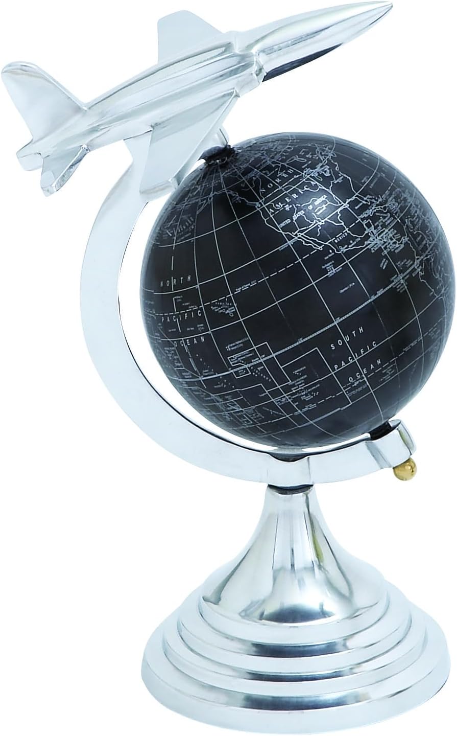 Deco 79 Aluminum Airplane World Map Globe, 8" x 8" x 12", Silver
