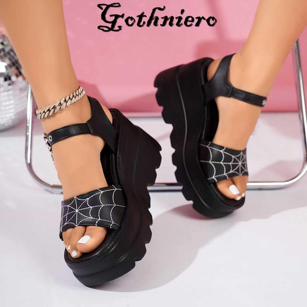 Gothniero women black platform sandals goth chunky wedge heel summer sandals girls gothic punk platform sandals for women metallic spider buckles slides size 5.5-11