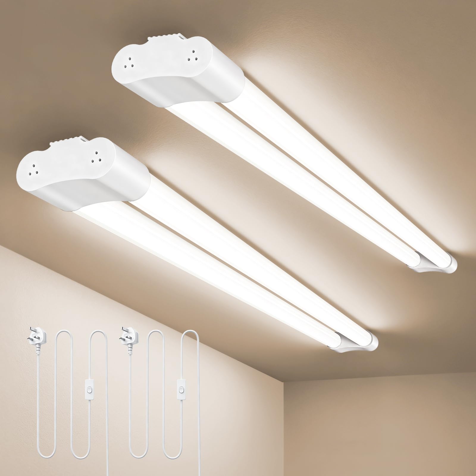 uifame 4FT LED Batten Light, 42W, 5000LM, 5000K Double Tube Lights, 2 Pack