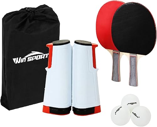 Tenis de mesa de ping pong WIn SPORTS Paddle Set con red retráctil, juega en cualquier lugar red de ping pong para cualquier mesa, 2 palas de tenis