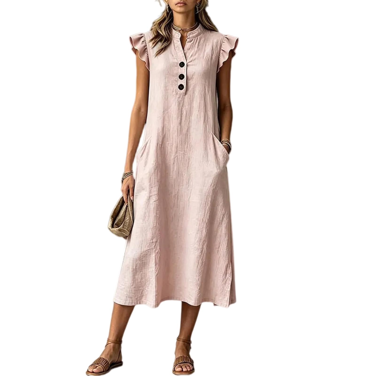 Abito Donna Cotone Biancheria Midi Stand Collare Ruffle Manica Sciolto Abito, Pulsante Anteriore Tasche Laterali Abito-Pink-m