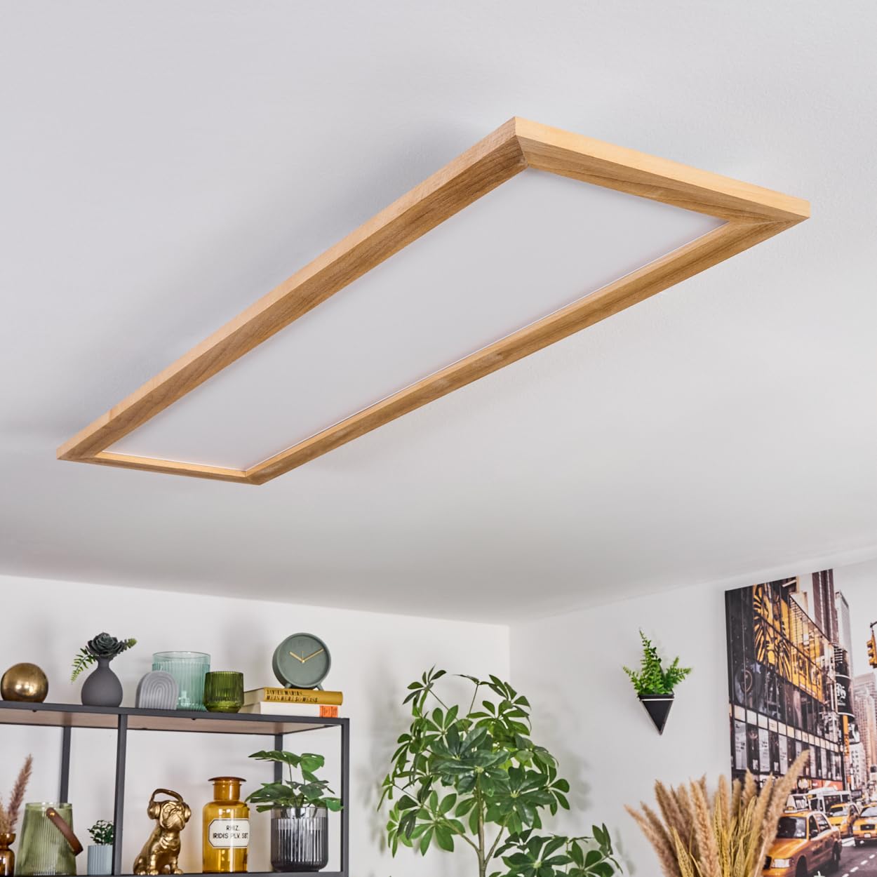 HOFSTEIN LED Deckenpanel Belan, dimmbare Deckenleuchte aus Metall/Holz/Kunststoff in Weiß/Natur, 37W, 3900L, 2700-6500 K, CCT einstellbar, Smart Home/App/Fernbedienung, Wohnzimmer, Schlafzimmer, Küche