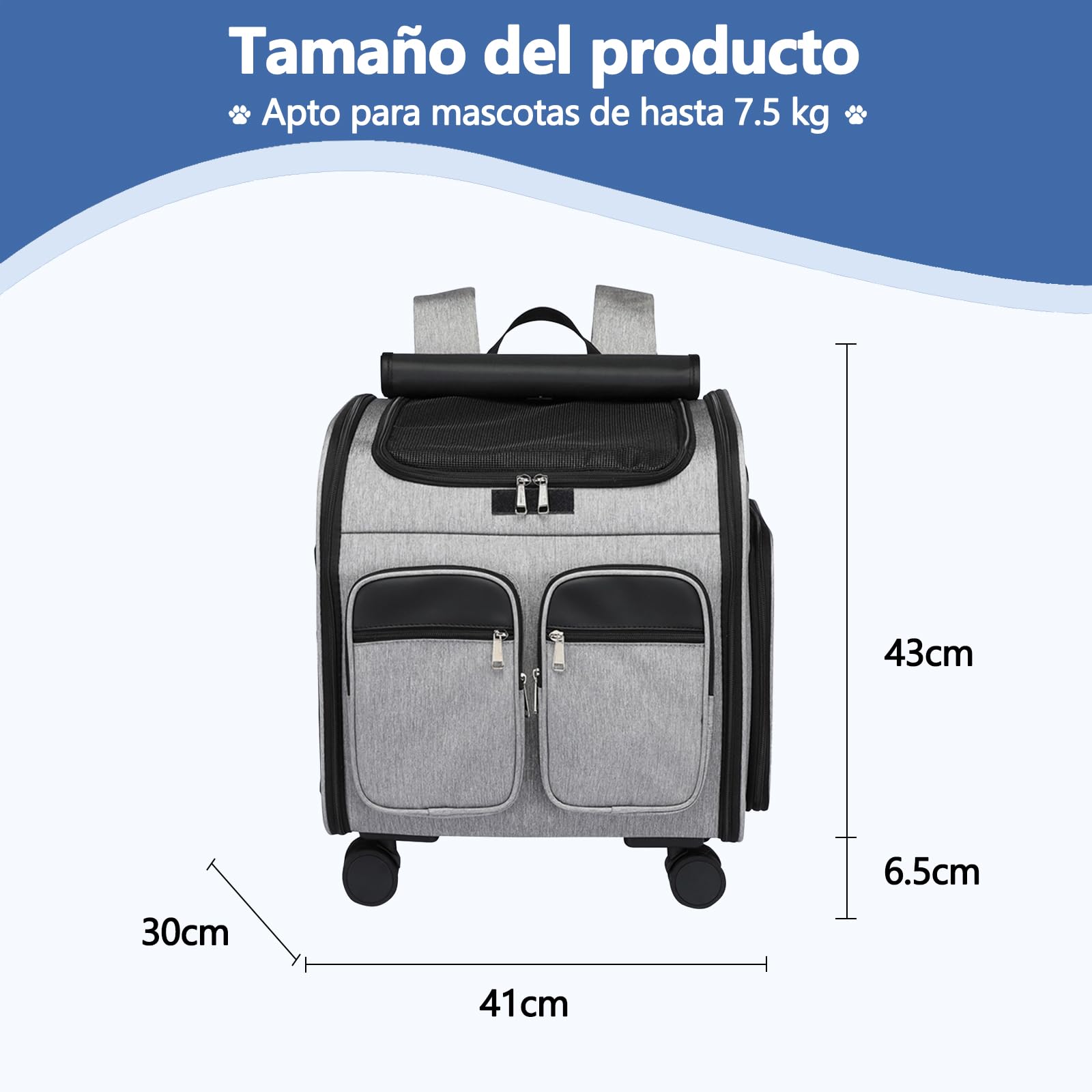 Galatée Mochila para Perros con Ruedas Extraíbles, Bolsa De Viaje para Perros Aprobada por Aerolíneas, Carriola Plegable para Mascotas con Ventanas De Malla para Ventilación(Gris)
