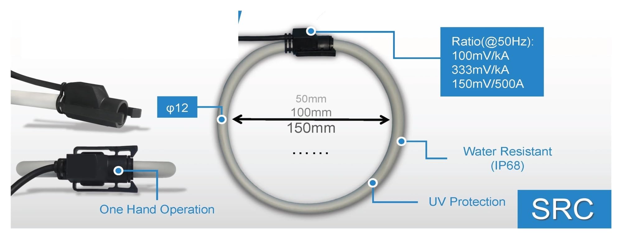 333mv/kA 500mv/kA 12mm 14mm 0,5 klasy wysoka czułość szerokopasmowa sonda AC cewka Rogowskiego czujnik prądu 1 szt.(GRC-100 500mV kA)