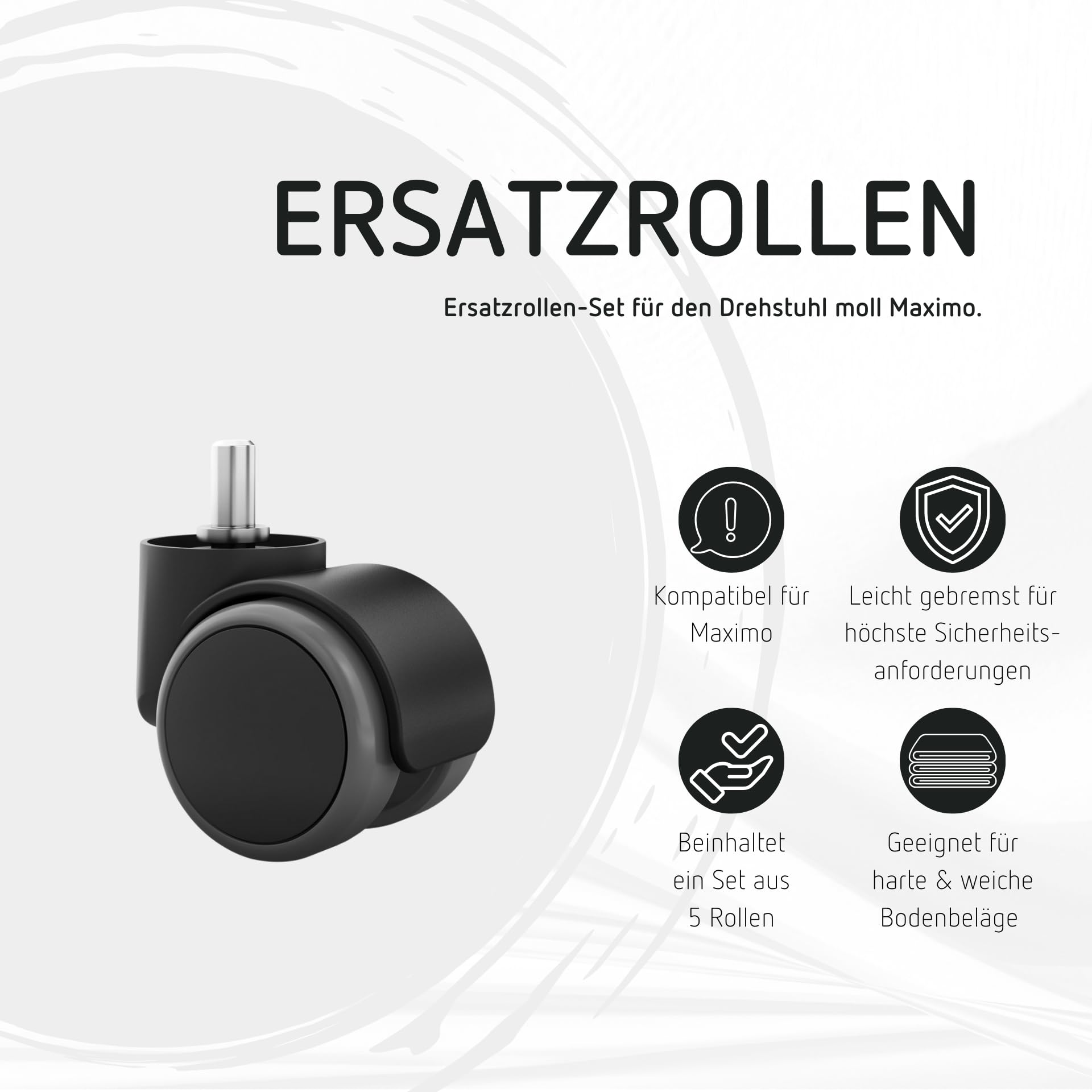 moll Maximo Ersatzrollen-Set | 5 gebremste Rollen für Maximo Kinderdrehstuhl | nachträglich montierbar | sicher & bodenschonend | ideal für Schulkinder | Made in Germany