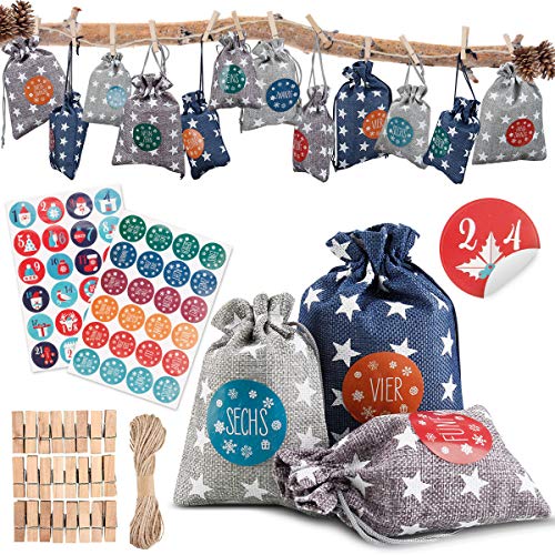AODOOR 24 Adventskalender zum Befüllen - Stoffbeutel, Weihnachten Geschenksäckchen mit 1-24 Adventszahlen Aufkleber, Weihnachtskalender tüten Geschenkbeutel Jutesäckchen Bastelset für Männer Kinder