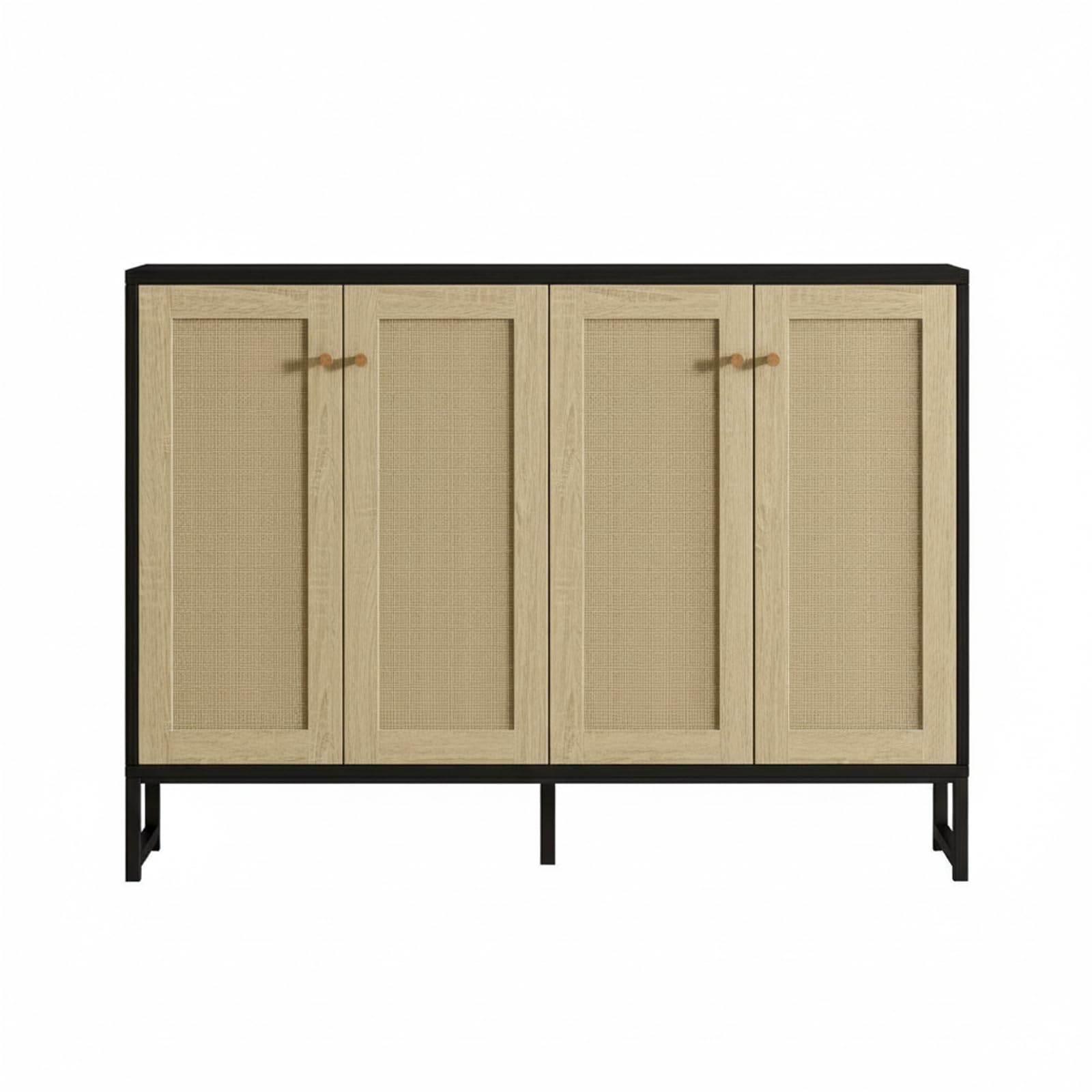 Panana 4-Door Accent Cabinet Sideboard Rattan Decorated Buffet Cabinet for Dining Room Kitchen Storage Farmhouse Console TV Stand (Black)