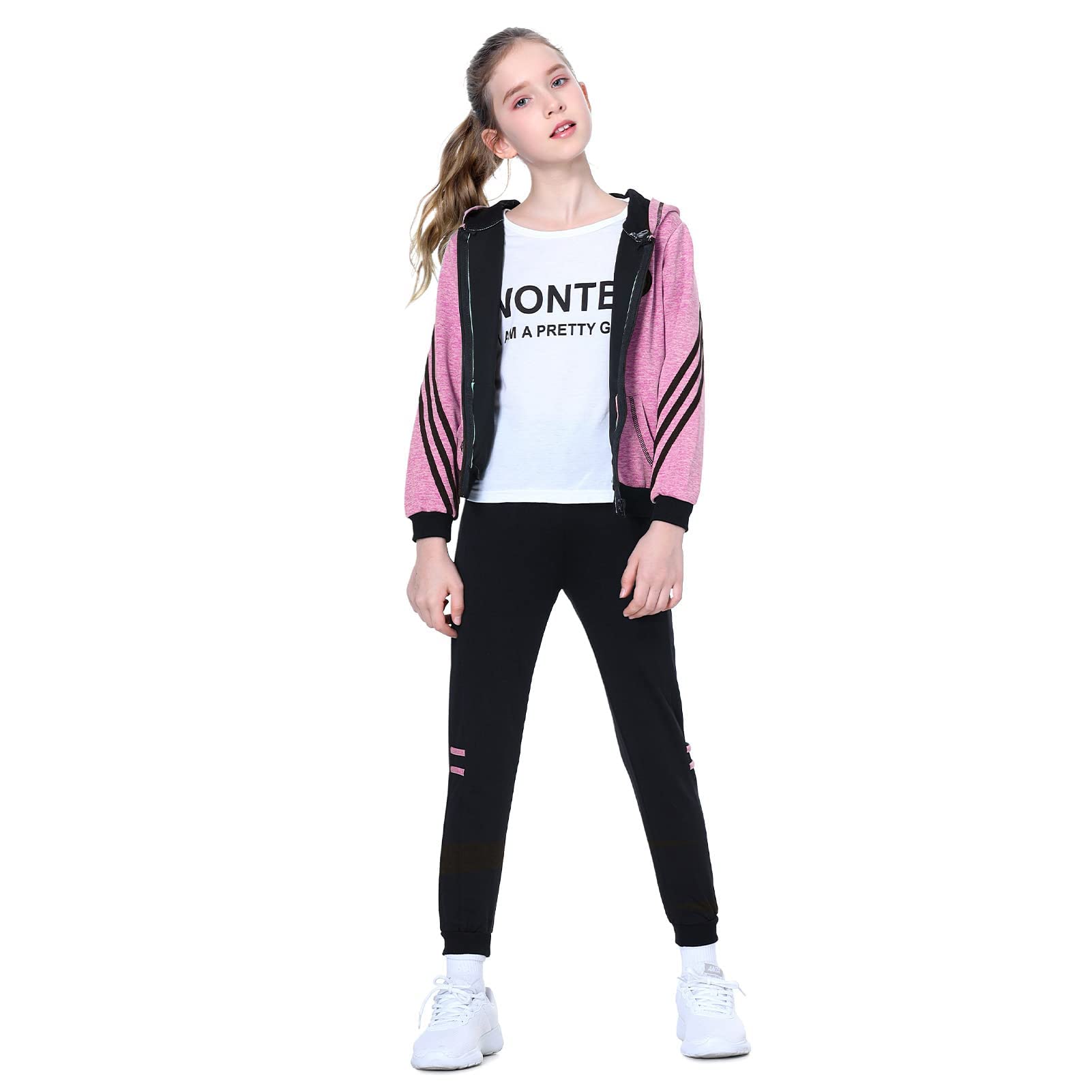 LPATTERN Dziecięcy dres treningowy dla dziewczynek 2/3 szt., zestaw sportowy do joggingu, koszulka + bluza + spodnie sportowe dres do joggingu, różowo-czerwony (3 szt.), 140/9-10 lat