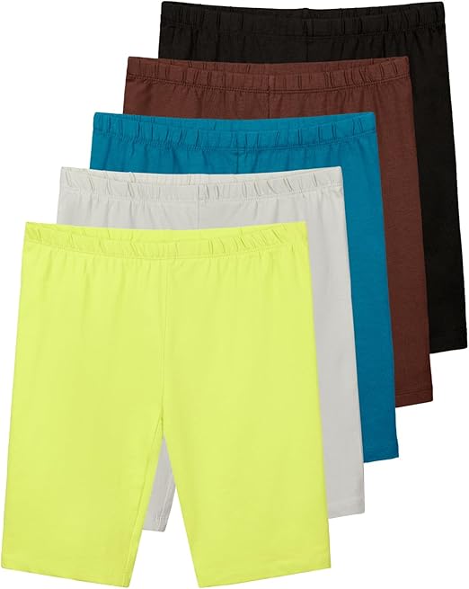 Real Essentials 5 Pack: Girls Cotton Spandex Biker Short Cartwheel Dance Shorts Athletic Under Dress Gymnastics (Ages 4-18)