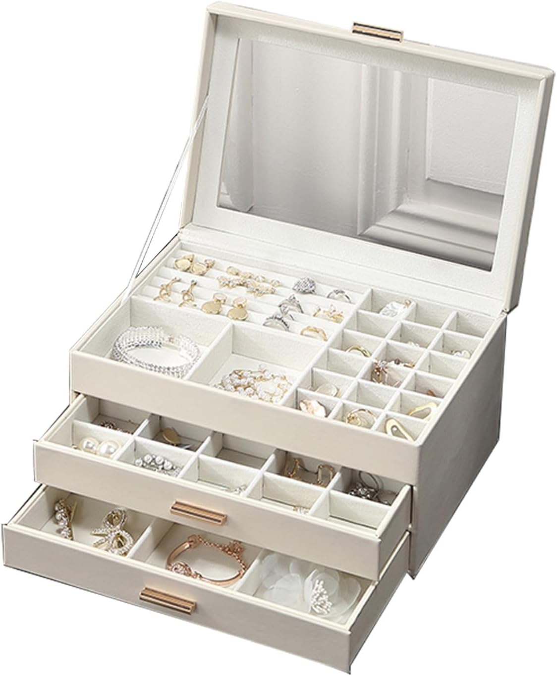 Jewelry Organizer Box, 3 Layers Jewelry Box with Glass Lid, Earrings Rings Necklace Storage Organizer with 2 Drawers Multi-Functional Jewelry Storage Box for Women(White)