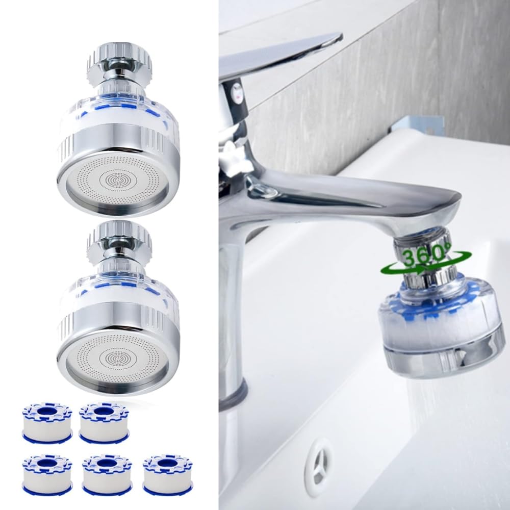 Wawasia 2 Pcs Sink Filter Water Faucet, Universal 360 ° Rotating Bathroom Sink Filter, Kitchen Tap Filtration Removes Chlorine Fluoride Heavy Metals Hard for Home Bathroom Kitchen, 5 Filter Cartridges