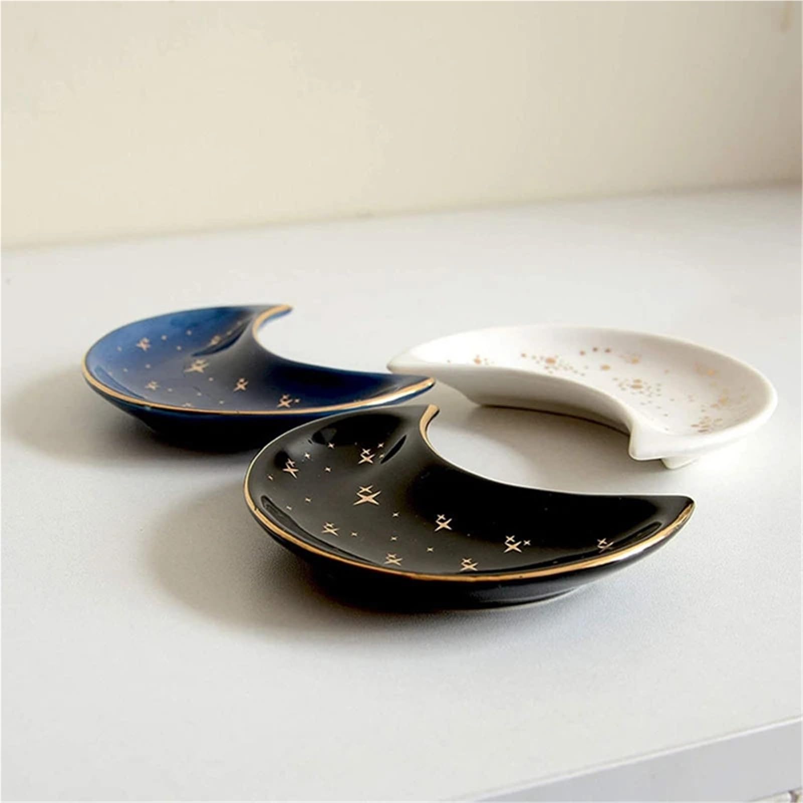 Schmuckschale 3 stücke Keramik Mond Form Kleine Schmuck Gericht Ohrringe Halskette Ring Lagerung Platten Obst Dessert Display Schüssel Dekoration Tablett(Blue)