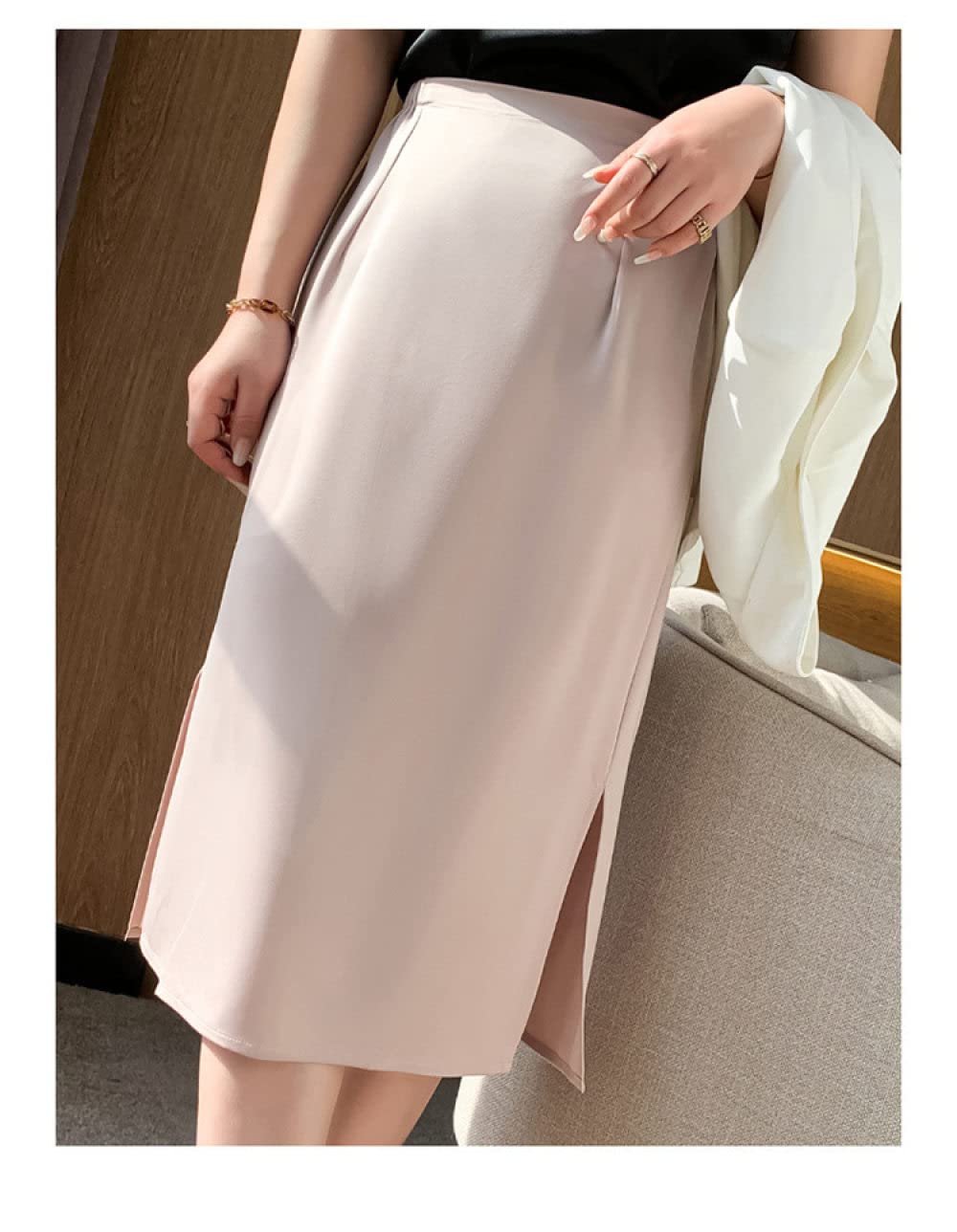 OZEO Röcke,Sommer-Satin-Midi-Röcke Für Frauen, Elastische Taille, Beige, Seitenschlitz, Gerader Rock, Hüftumwickelt, A-Linie, Gerafft, Elegantes Büro, Lange Röcke Für Mädchen, Damen,L