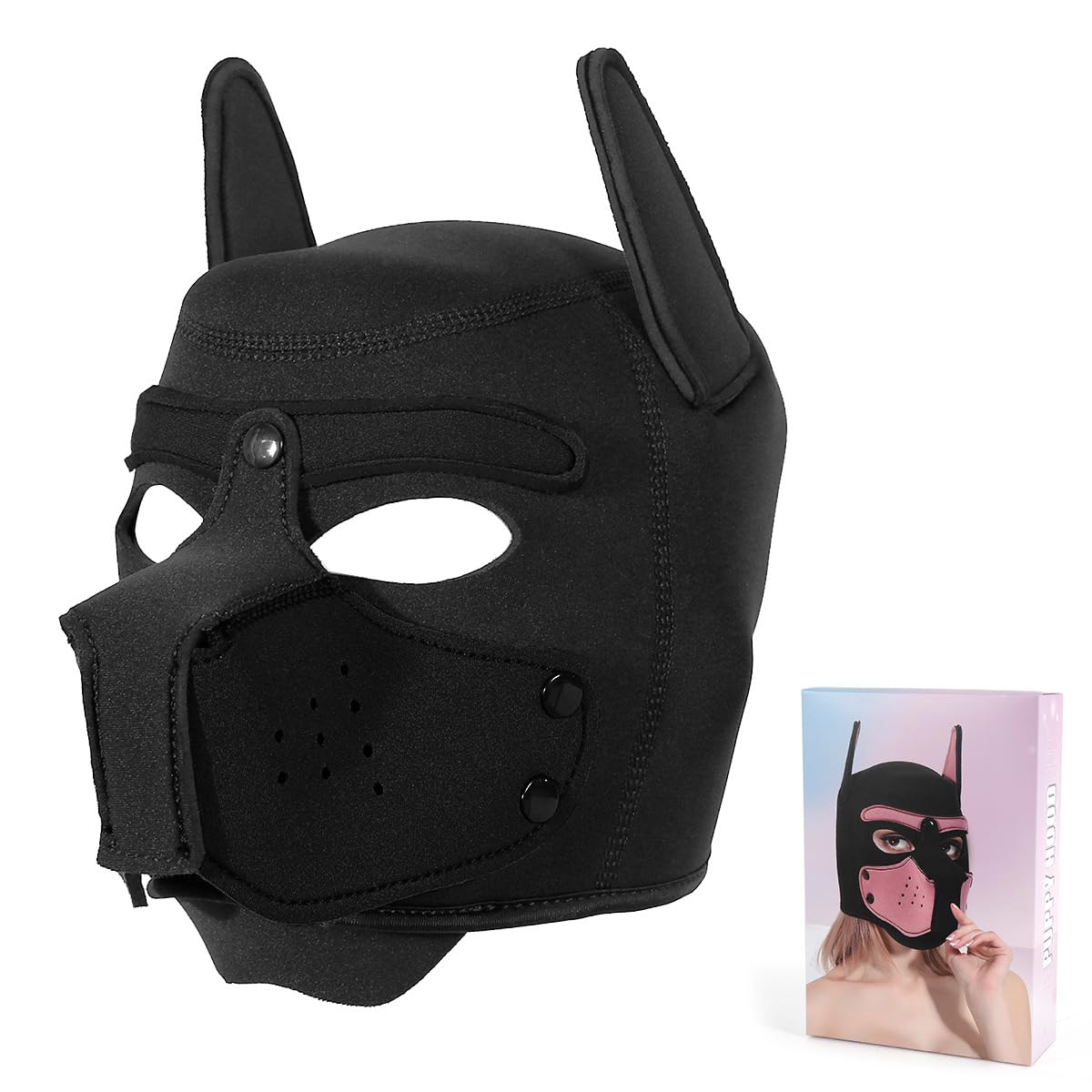 Adults Neoprene Puppy Hood Mask, Removable Cosplay Dog Full Face Pup Hood Pup Mask for Halloween (Black)