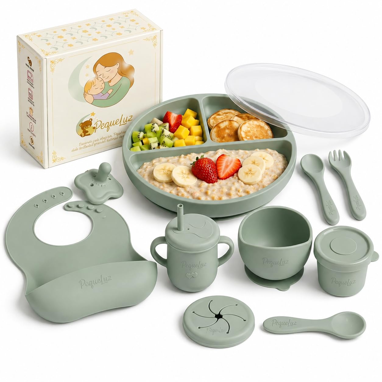 Set Pappa Svezzamento Neonati in Silicone LFGB – 10 Pezzi | Set Autosvezzamento Premium con Piatto e Ciotola con Ventosa, Tazza, Bavaglino e Posate Bambino | Senza BPA