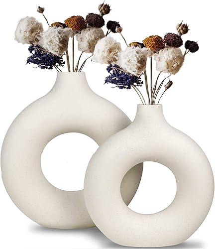 MJGDNH Juego de 2 jarrones de cerámica blanca, jarrones blancos para decoración, jarrón redondo mate en forma de dona, moderno jarrón bohemio con