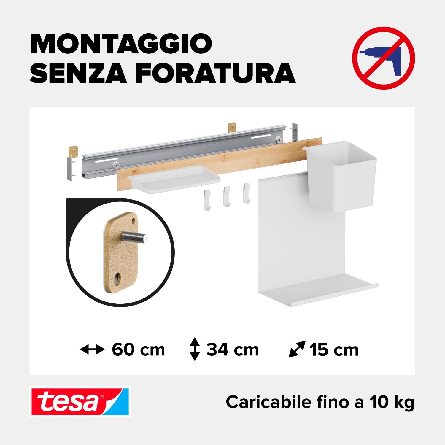 Tesa Kitchen Organizer da Cucina Combi Set S - Barra Autoadesiva con Vaso per Erbe Aromatiche, 2 Ripiani, Binario con 3 Ganci - Montaggio senza Foratura - Bambù/Bianco