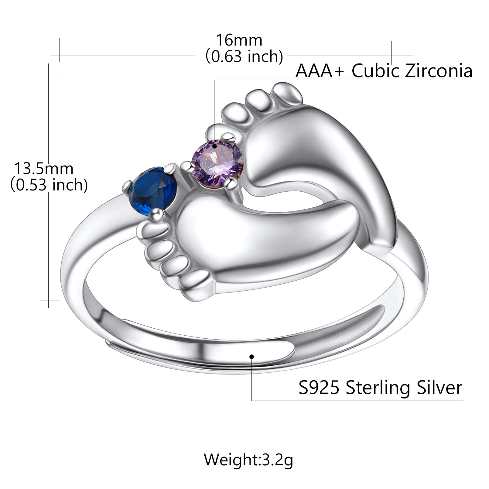 Custom4U Bague Argent 925 Femme Réglable 2 Prénoms Personnalisable Pieds de Bébé avec Pierre de Naissance