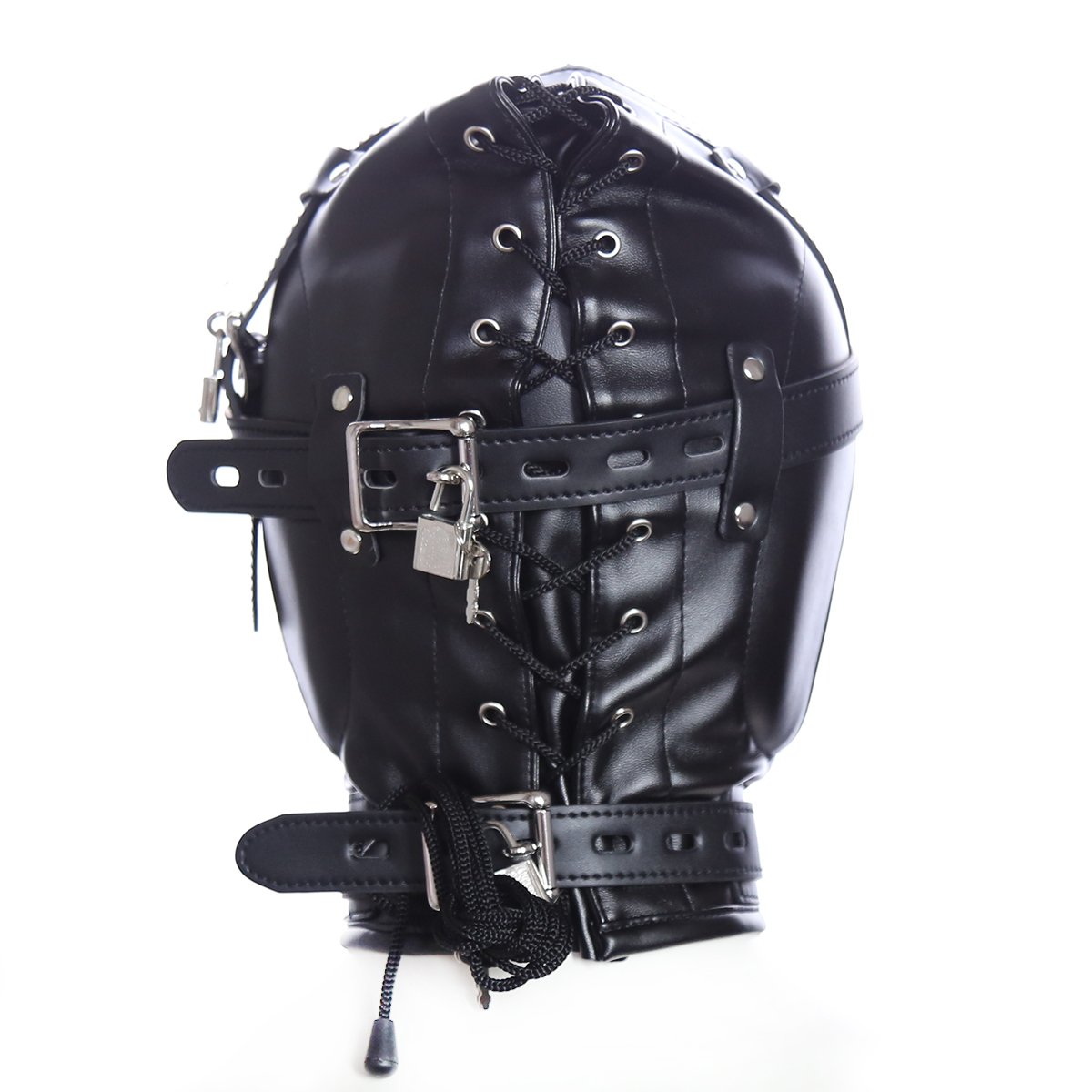 Noir Masque de tête unisexe Bondage Fétiche SM Cuir avec ouverture de bouche Cuir Tous les masques inclus Jouets sexuels Bandeau pour les yeux avec serrure pour les couples Cosplay Réglable Fétiche