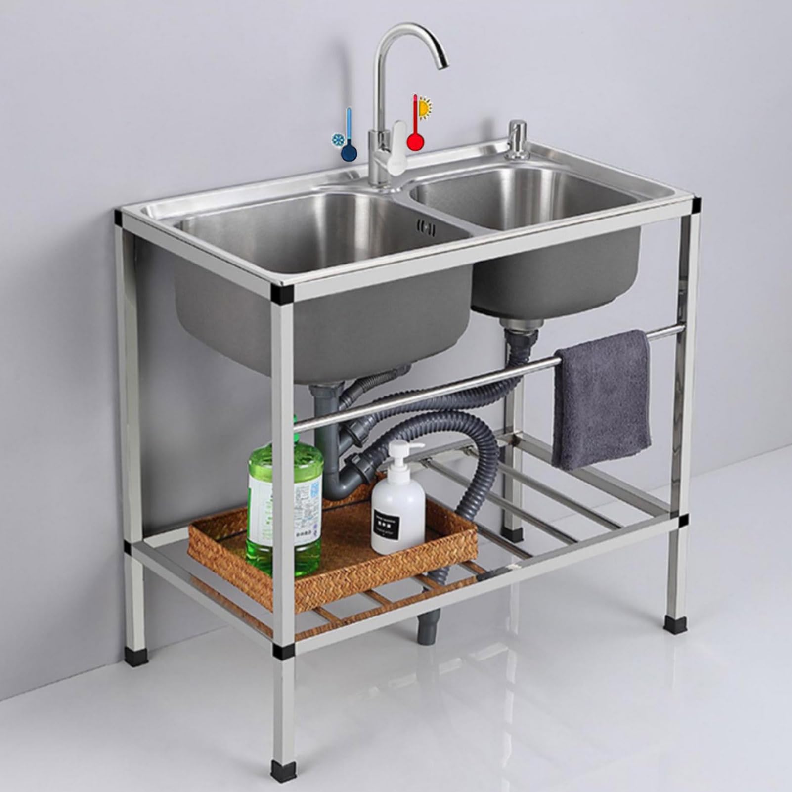 LMYSXAOZ Commercial Sink Utility Kitchen Catering Stainless Steel Wash Basin Double Bowl with Hot and Cold Tap Storage Shelf 2 Compartment Restaurant Cafe