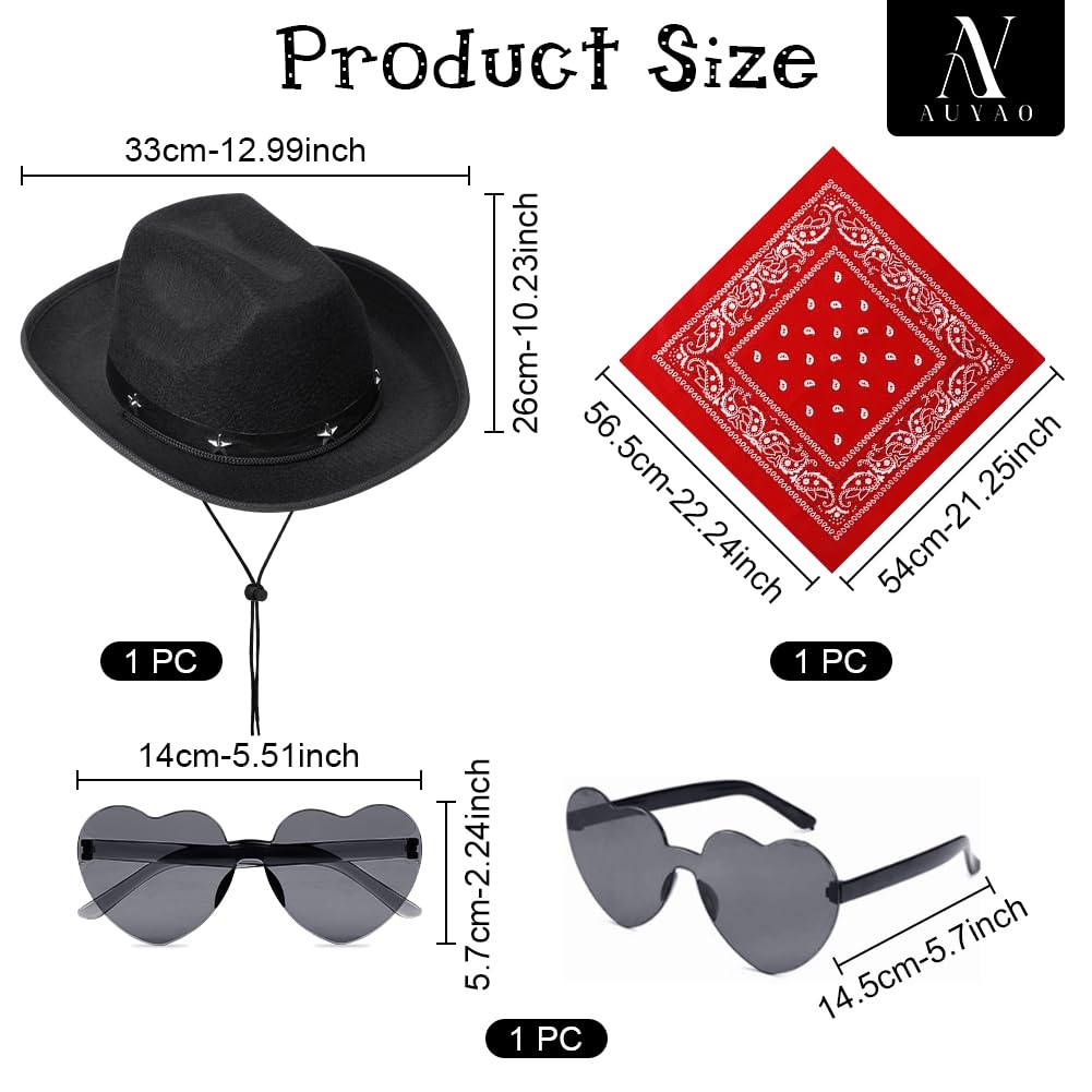 AUYAO Child Cowboy Hat Cowboy Western Hat Wide Brim Western Cowgirl Hat with Paisley Bandanna Heart Sunglasses Cowboy Ranger Sheriff Fancy Dress Costume Accessory for Halloween World Book Day(Black) - Image 2