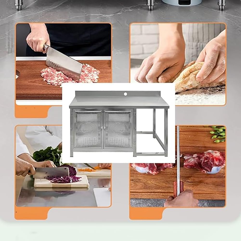 Banco per La Preparazione del Cibo in Acciaio Inox A Doppia Porta con Armadietti E Ripiani Aperti, Piano di Lavoro Cucina Multiuso A Due Livelli con Alzatina Rialzata,Al150×w50×h75cm