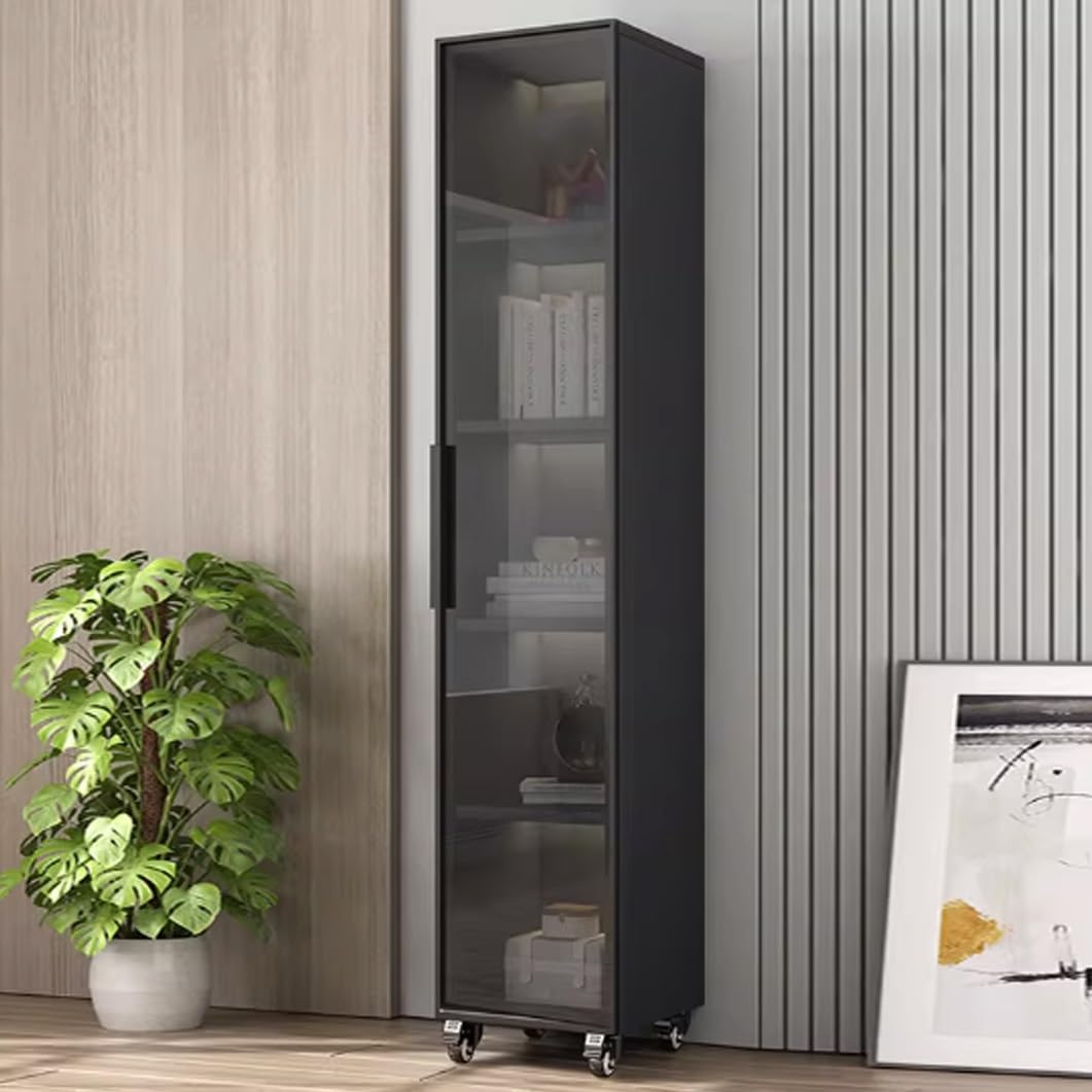 YVYKFZD 5 Tier Slim Storage Cart, MDF Rolling Spice Rack, Utility Kitchen Cart with Wheels and Tempered Glass Doors, Mobile Narrow Storage Cabinet, for Small Spaces(Gray+A,15.7"x24.4"x77.1")