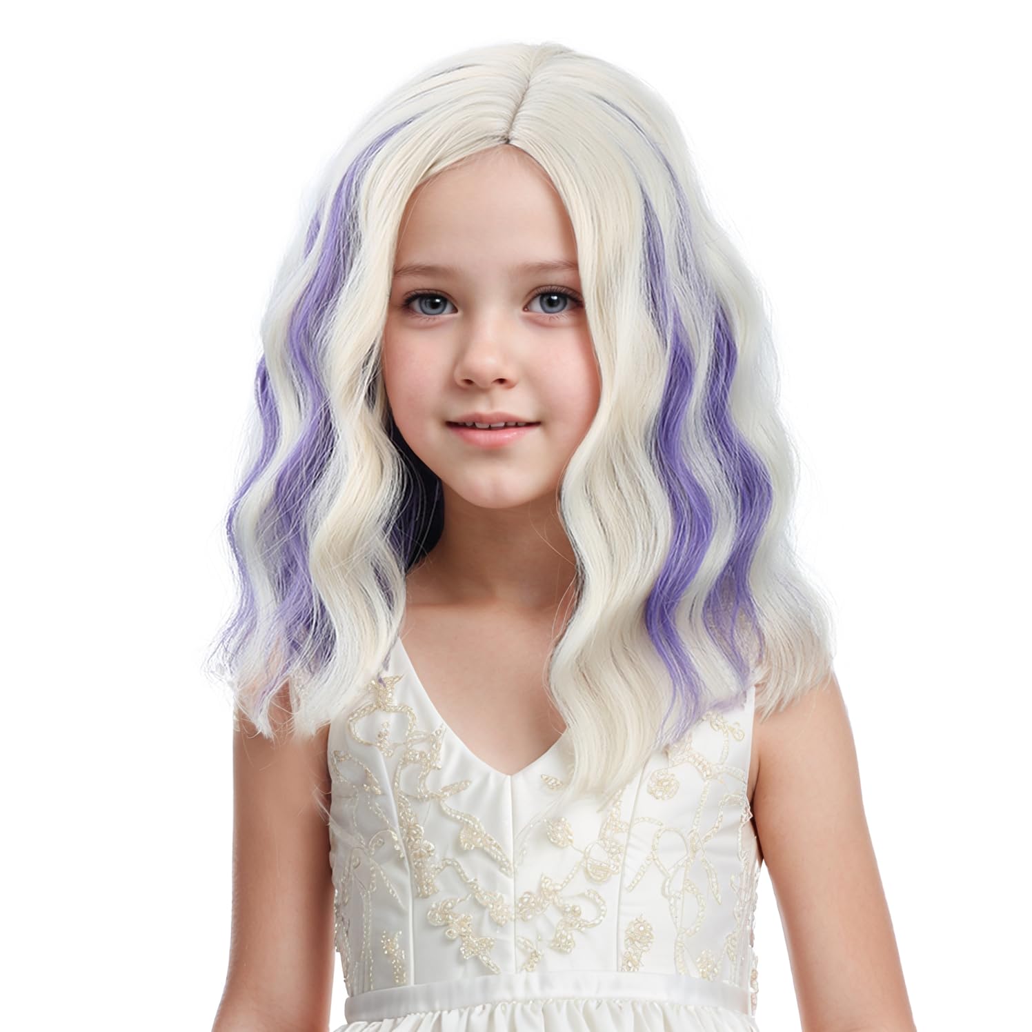 Perruque blonde ombrée violette blonde à violette avec raie sur le côté, perruques synthétiques ondulées et bouclées résistantes à la chaleur avec bonnet (taille S)
