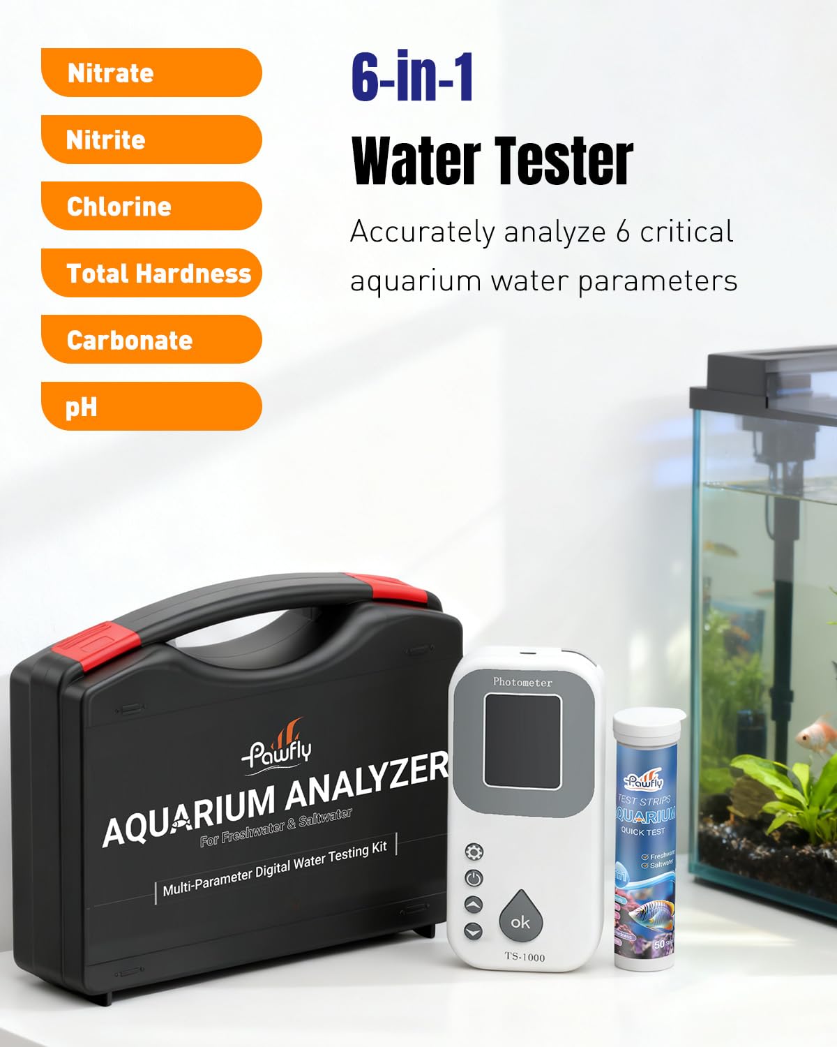 Pawfly 6 in 1 Digital Water Testing Kit, 50 Strips Fresh/Salt Aquarium Water Test Kit, Fish Tank Water Testing Kit, Digital Water Tester for pH, Nitrate, Nitrite, Chlorine, Total Hardness & Carbonate - image 3