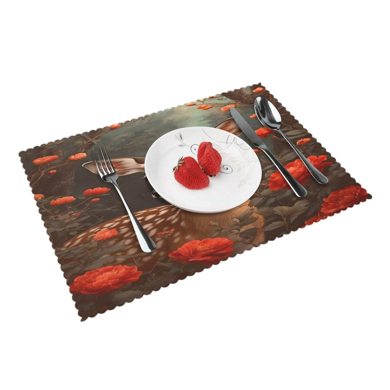 Deer Flowers Placemats Set of 4 Print Table Mats Place Mats Table Decor for Kitchen Dining 12X18 in