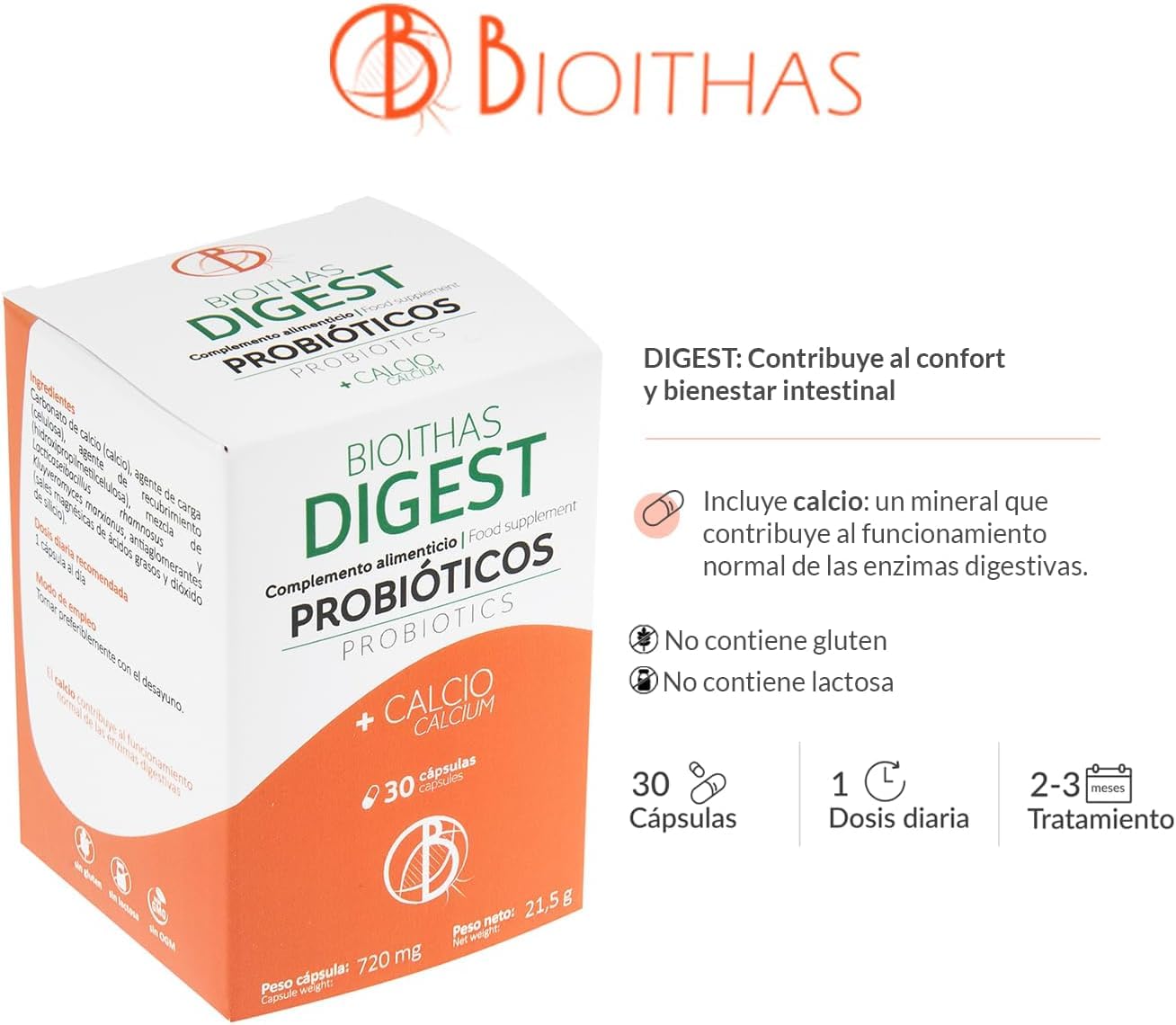 DIGEST - Probióticos Intestinales y Calcio [Cepas seleccionadas mediante Estudios Clínicos] Salud Digestiva,Diarrea,Colón Irritable,Hinchazon Abdominal. 90 Cápsulas