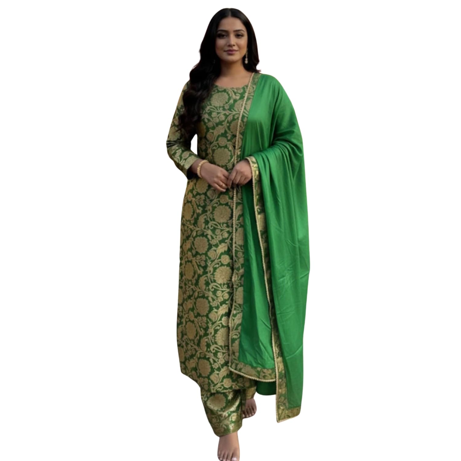 Women’s Jamavar Top & Bottom Suit Set | Traditional Woven Design | Ethnic Wear for Festive & Casual Use Kurti (IN, Alpha, XL, Regular, Green)-image-21