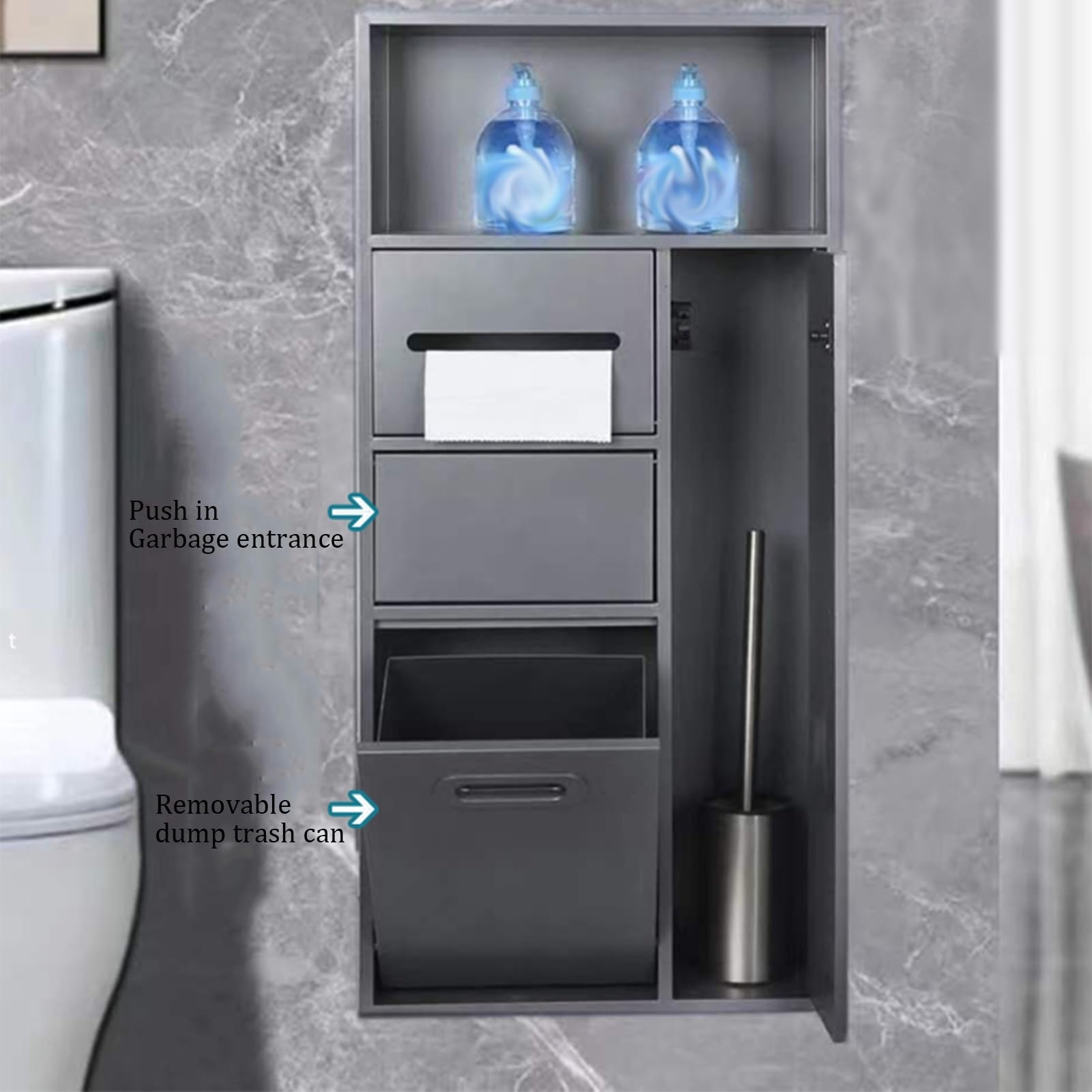 Duschregal aus Edelstahl, eingebettet, wasserdicht, Badezimmer-Organizer, Toilettenpapierhalter, Mülleimer, Ständer, Shampoo-Parfüm-Regal