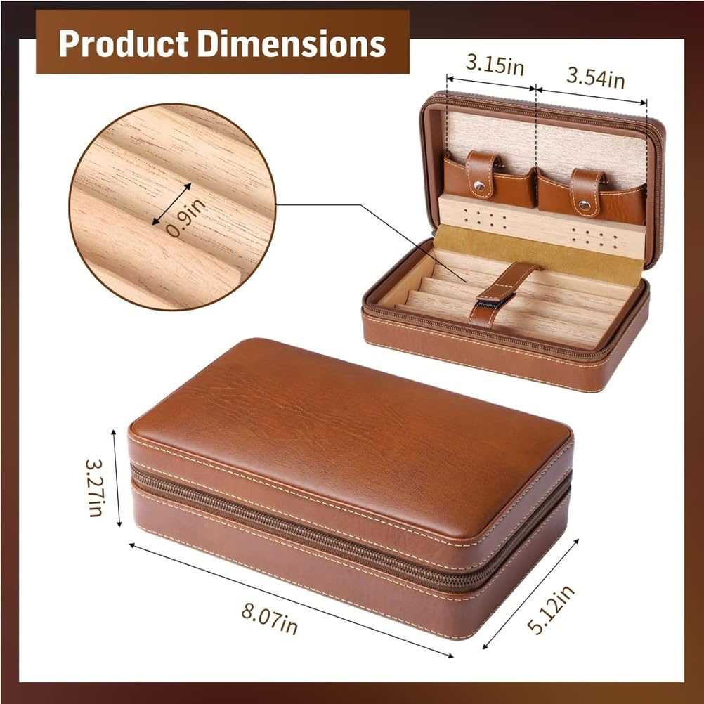 Custodia portatile per sigari in pelle con cerniera e rivestimento in legno di cedro – Contiene fino a 4 sigari – Regalo di lusso per compleanno o festività per padre, marito, uomini
