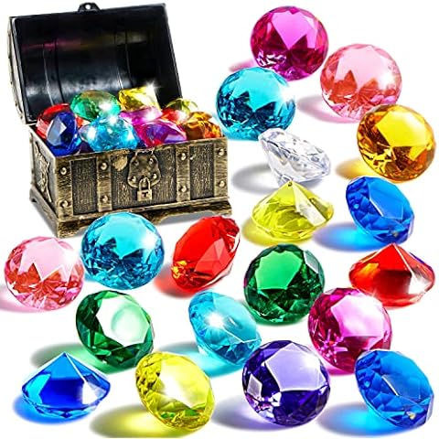 Sloosh Diving Gems Pool Toys, 16 Big Colorful Diamond with Pirate Treasure Chest, Swim Dive Toy for Kids Underwater Gemstone Swimming Training Gift Water Toys Pool Games（Gold） Cover
